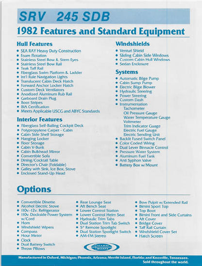 Sea Ray 245 SRV Sedan Bridge Specification Brochure (1982)