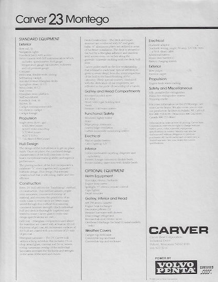 Carver 23 Montego Specification Brochure