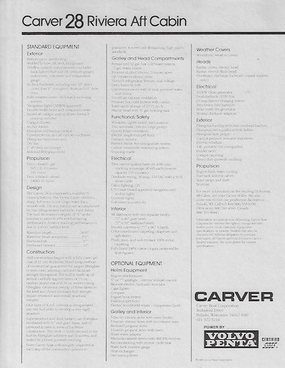Carver 28 Riviera Specification Brochure