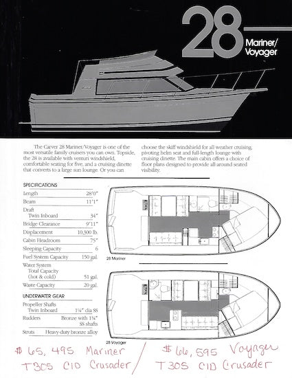 Carver 28 Mariner / Voyager Specification Brochure