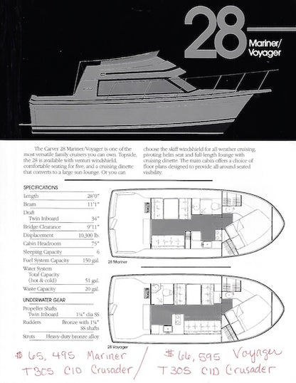 Carver 28 Mariner / Voyager Specification Brochure