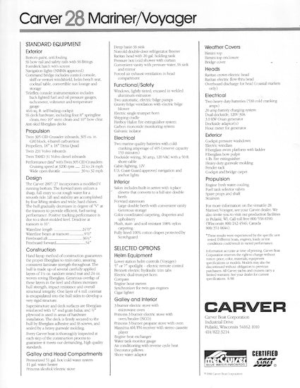 Carver 28 Mariner / Voyager Specification Brochure