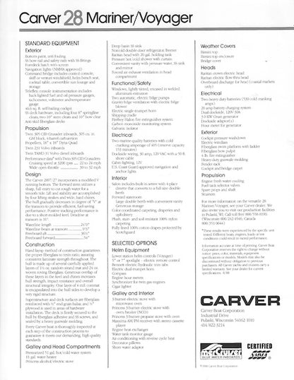 Carver 28 Mariner / Voyager Specification Brochure