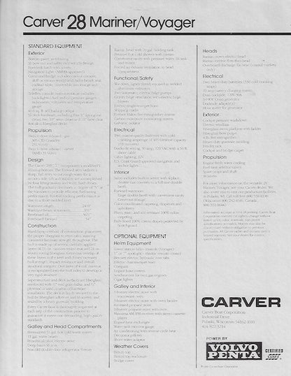 Carver 28 Mariner / Voyager Specification Brochure