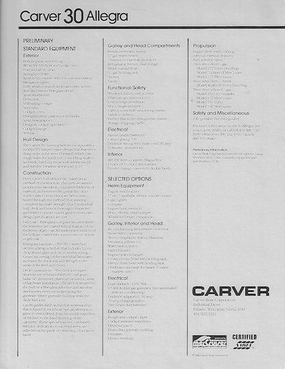 Carver 30 Alegra Specification Brochure