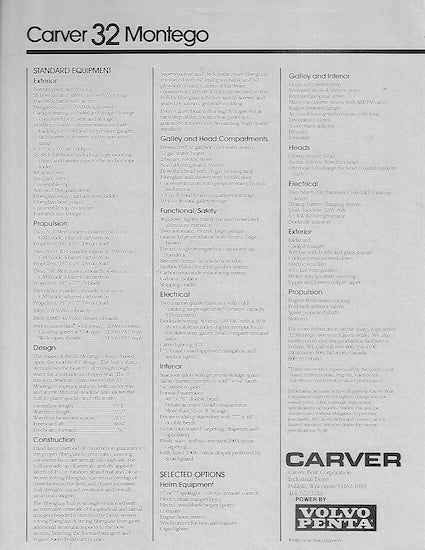 Carver 32 Montego Specification Brochure