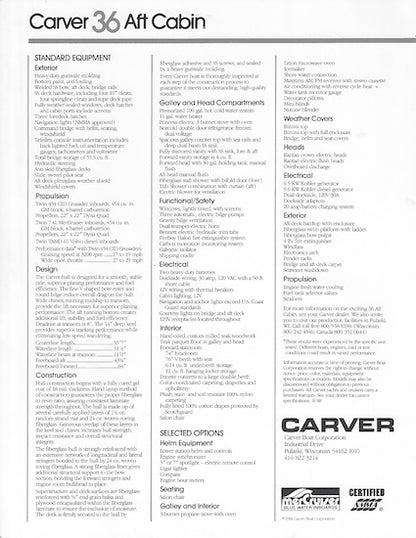 Carver 36 Aft Cabin Specification Brochure