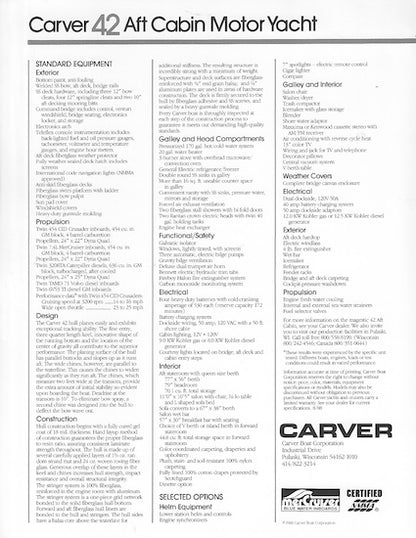 Carver 42 Aft Cabin Motor Yacht Specification Brochure