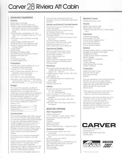 Carver 28 Riviera Specification Brochure