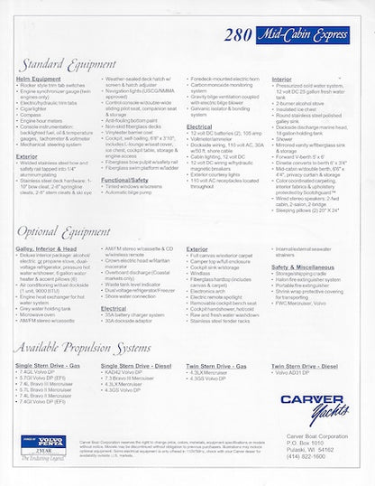 Carver 280 Mid-Cabin Express Specification Brochure