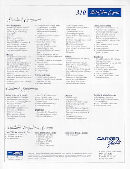 Carver 310 Mid-Cabin Express Specification Brochure