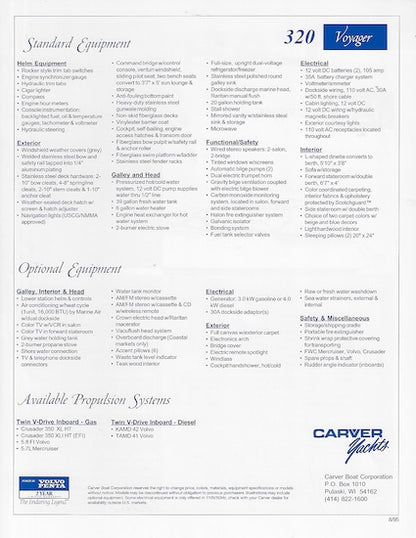 Carver 320 Voyager Specification Brochure