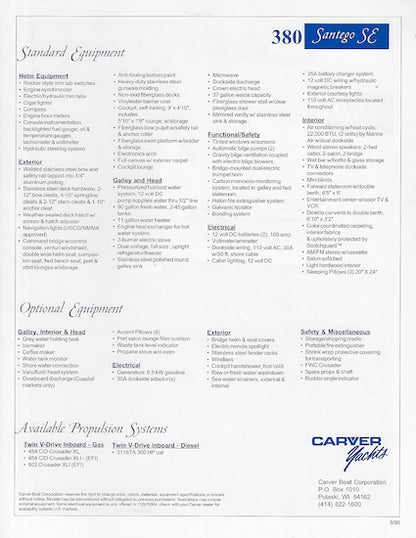 Carver 380 Santego SE Specification Brochure