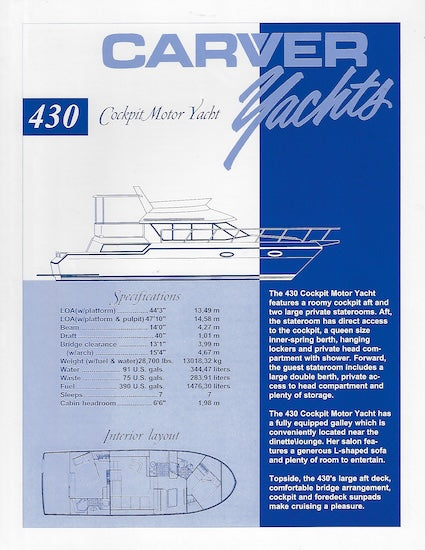 Carver 430 Cockpit Motor Yacht Specification Brochure