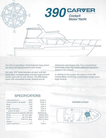 Carver 390 Cockpit Motor Yacht Specification Brochure