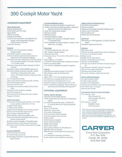 Carver 390 Cockpit Motor Yacht Specification Brochure
