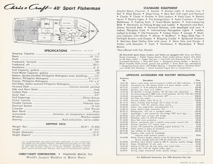 Chris Craft 40 Sport Fisherman Specifiction Brochure