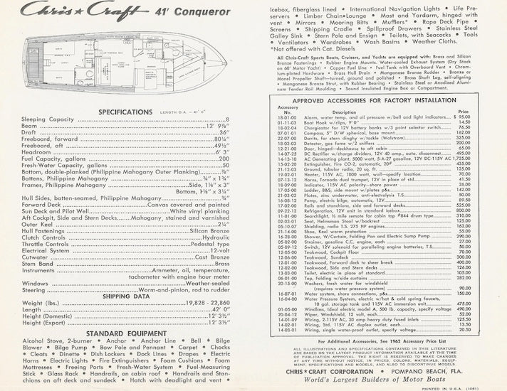 Chris Craft Conqueror 41 Specifiction Brochure