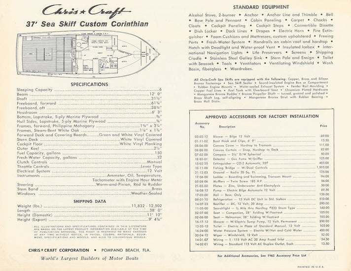 Chris Craft Sea Skiff 37 Custom Corinthian Specification Brochure