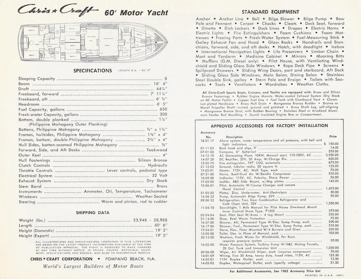Chris Craft 60 Motor Yacht Specification Brochure