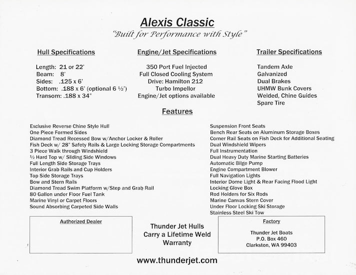 Thunder Jet Alexis Classic Specification Brochure