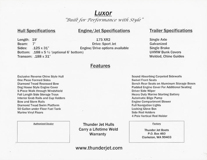 Thunder Jet Luxor Specification Brochure