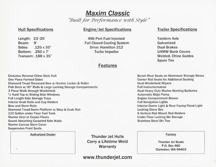 Thunder Jet Maxim Classic Specification Brochure