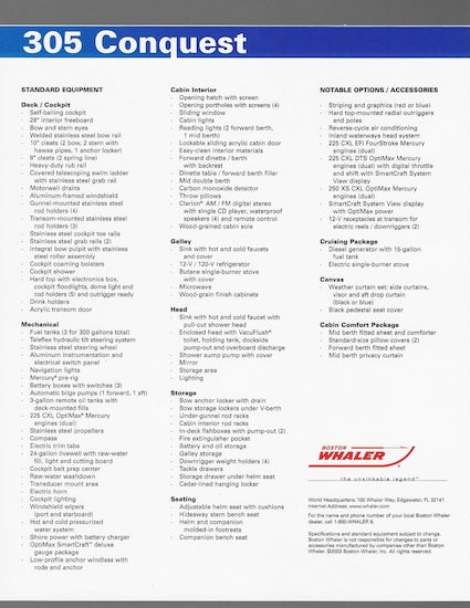 Boston Whaler 305 Conquest Specification Brochure