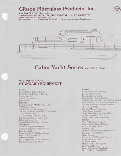 Gibson Cabin Yacht Series Specification Brochure