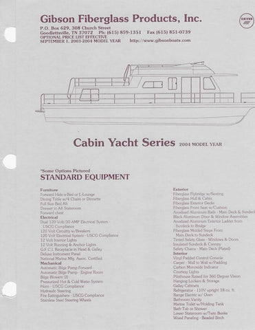 Gibson Cabin Yacht Series Specification Brochure