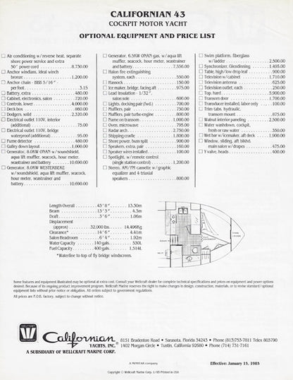 Wellcraft Californian 43 Cockpit Motor Yacht Specification Brochure