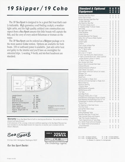 Sea Sport Skipper / Coho 19 Specification Brochure