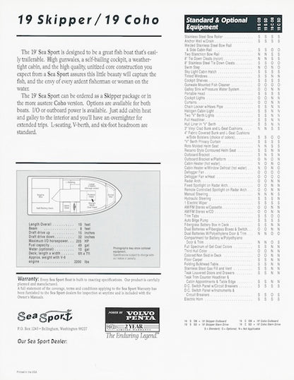 Sea Sport Skipper / Coho 19 Specification Brochure