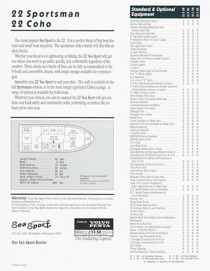Sea Sport Sportsman / Coho 22 Specification Brochure