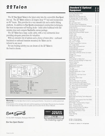 Sea Sport Talon 22 Specification Brochure