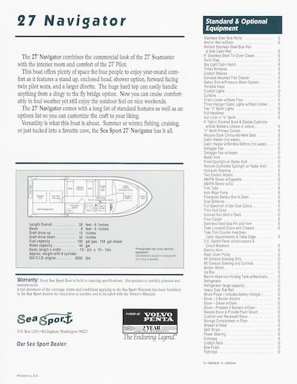 Sea Sport Navigator 27 Specification Brochure