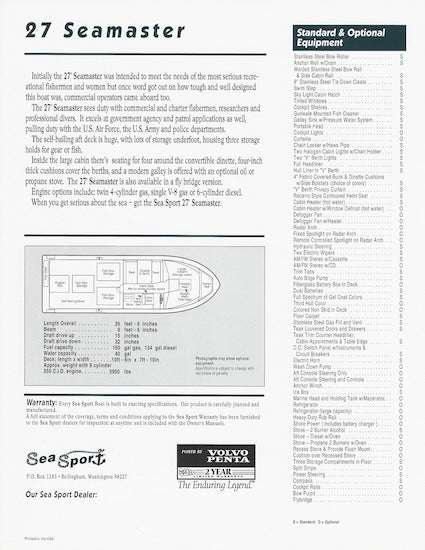 Sea Sport Seamaster 27 Specification Brochure