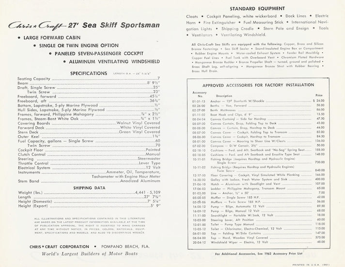 Chris Craft Sea Skiff 27 Sportsman Specification Brochure