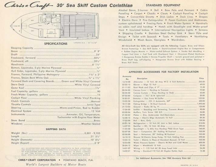 Chris Craft Sea Skiff 30 Custom Corinthian Specification Brochure