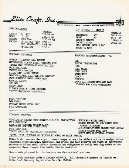 Elite Craft 1983 Boat Brochure Package