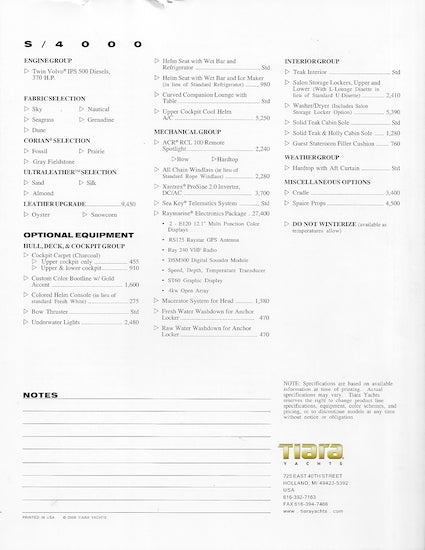 Tiara 4000 Sovran Specification Brochure