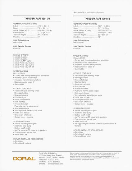 Doral 190 Thundercraft Specification Brochure