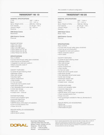 Doral 190 Thundercraft Specification Brochure