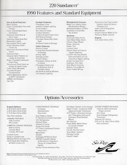 Sea Ray 220 Sundancer Specification Brochure