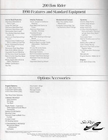 Sea Ray 200 Bow Rider Specification Brochure