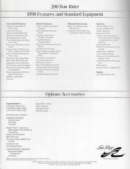 Sea Ray 200 Bow Rider Specification Brochure