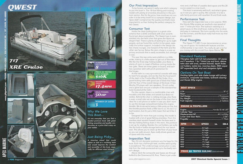 Apex Qwest & Gill Getter Pontoon & Deck Boat Magazine Reprint Brochure