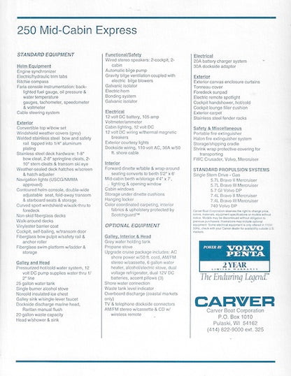 Carver 250 Mid-Cabin Express Specification Brochure