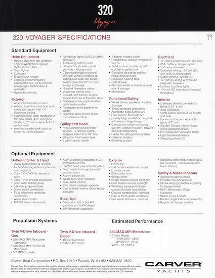 Carver 320 Voyager Specification Brochure