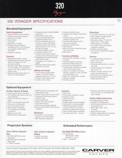 Carver 320 Voyager Specification Brochure